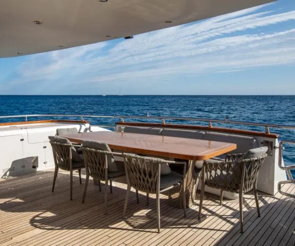  Yacht Photos Pics Luxury yacht Maiora 31DP 2009, featuring elegant outdoor dining area with ocean view.