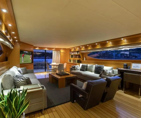  Yacht Photos Pics Luxurious interior of 2009 Maiora 31DP yacht with elegant seating and ambient lighting.