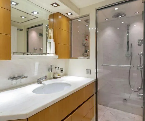  Yacht Photos Pics Luxurious bathroom on 2009 Maiora 31DP yacht with modern fixtures and elegant design.