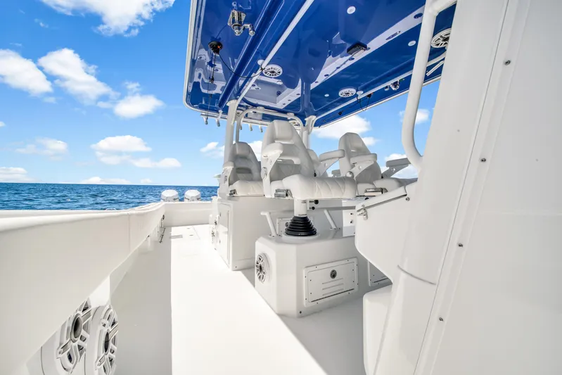  Yacht Photos Pics 2023 Freeman 47 boat interior with sleek seating and ocean view.