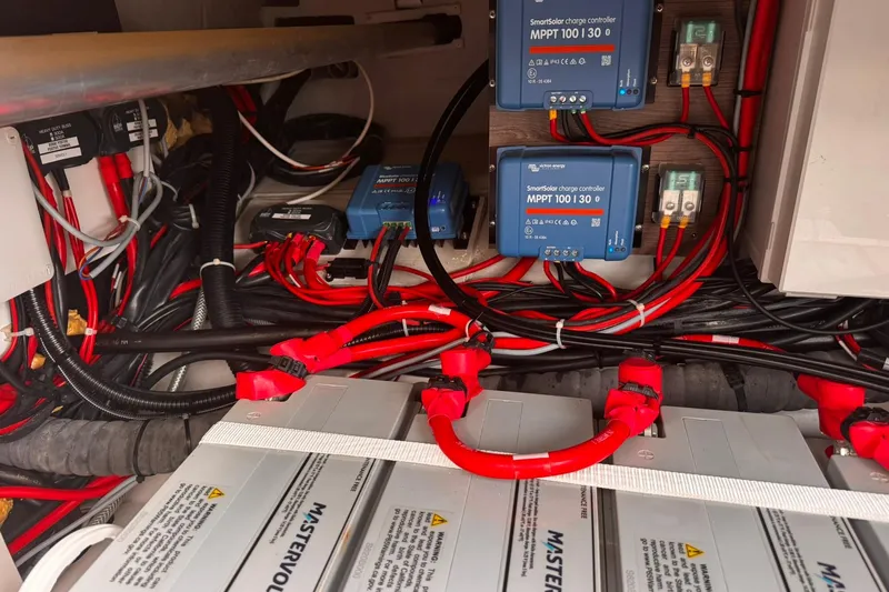  Yacht Photos Pics Electrical system of a 2018 Fountaine Pajot Saona 47 with charge controllers and wiring.