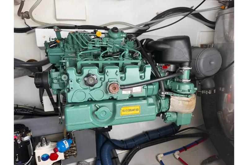  Yacht Photos Pics Engine compartment of 2018 Fountaine Pajot Saona 47 catamaran, featuring a Volvo Penta engine.