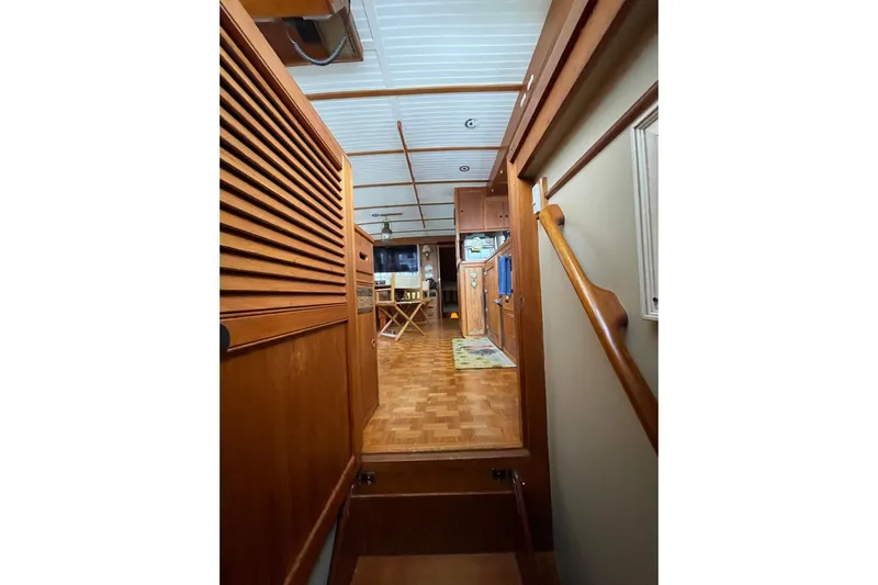 Amazing Grace Yacht Photos Pics Interior view of 1983 Grand Banks 49 Classic yacht with wooden finishes.