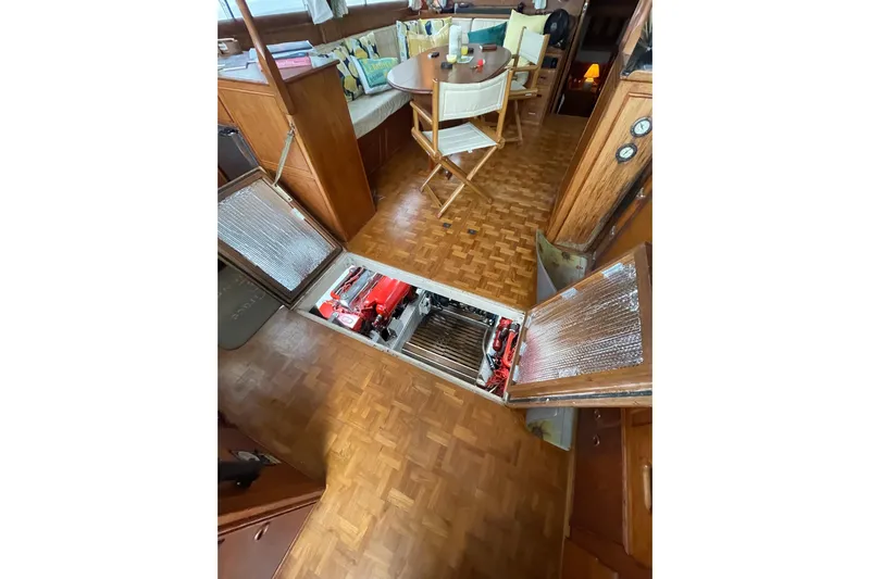 Amazing Grace Yacht Photos Pics Interior of 1983 Grand Banks 49 Classic yacht with open engine compartment.