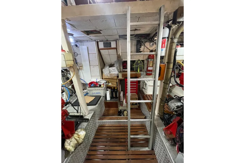 Amazing Grace Yacht Photos Pics Engine room of 1983 Grand Banks 49 Classic with ladder and equipment.
