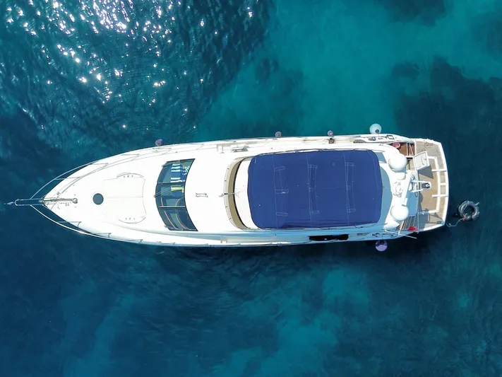  Yacht Photos Pics Aerial view of 2008 Sunseeker Manhattan 60 yacht on clear blue water.