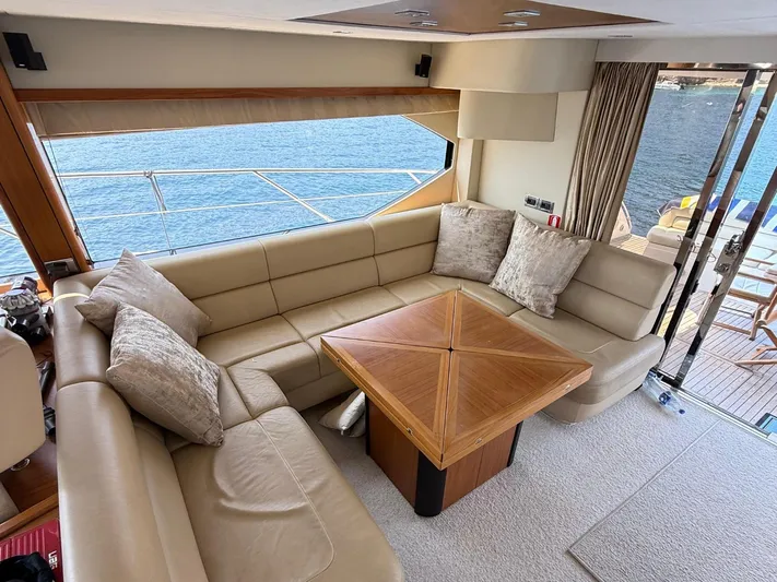 Yacht Photos Pics Luxurious interior of 2008 Sunseeker Manhattan 60 yacht with beige leather seating.