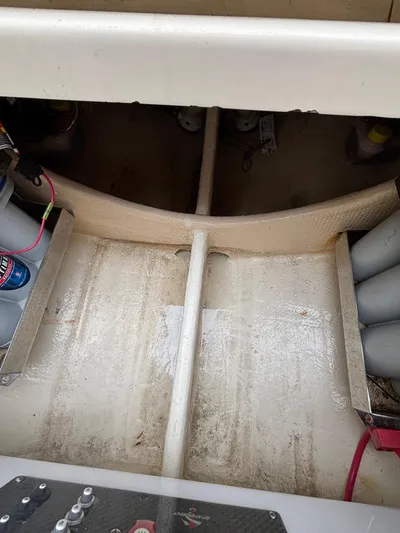  Yacht Photos Pics 2013 Statement 35 Center Console boat interior with visible wiring and storage compartments.