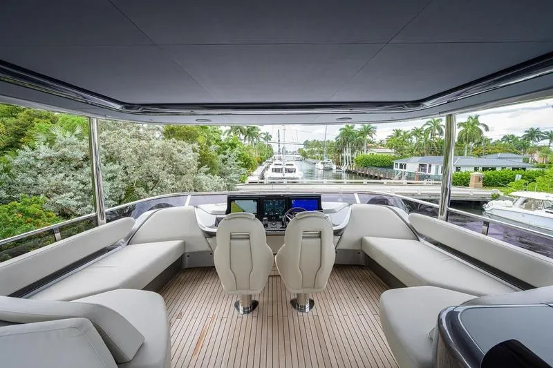 Escape Yacht Photos Pics Luxurious 2022 Princess Y85 Motor Yacht interior with modern helm and seating.