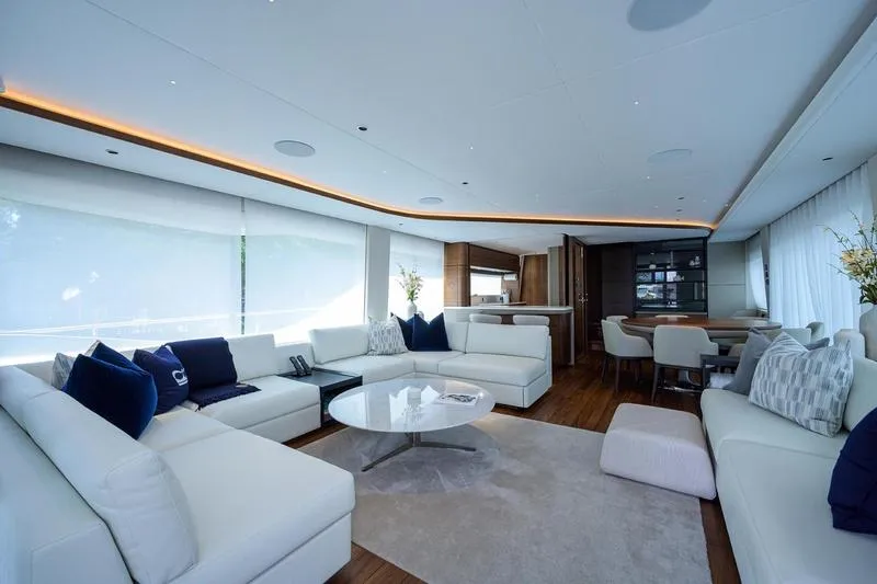 Escape Yacht Photos Pics Luxurious interior of 2022 Princess Y85 Motor Yacht with modern furnishings.