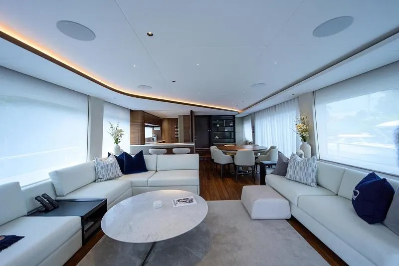 Escape Yacht Photos Pics Luxurious interior of 2022 Princess Y85 Motor Yacht with modern furnishings and elegant design.