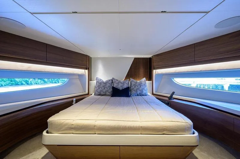 Escape Yacht Photos Pics Luxurious bedroom interior of 2022 Princess Y85 Motor Yacht with modern design.