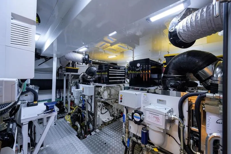 Escape Yacht Photos Pics Engine room of 2022 Princess Y85 Motor Yacht, showcasing advanced machinery and equipment.