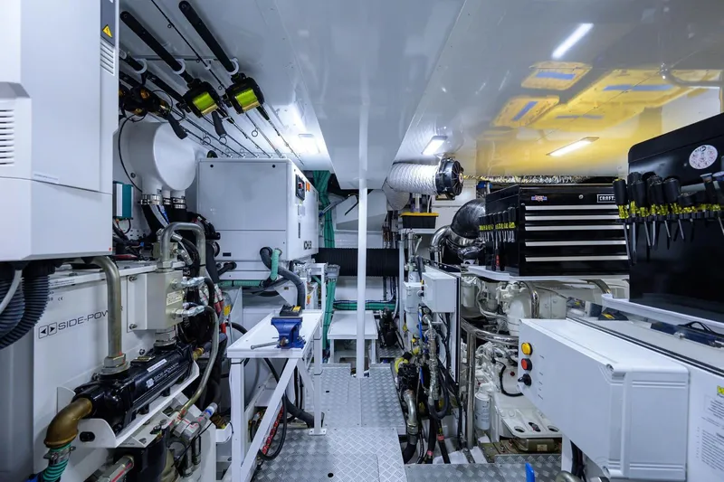 Escape Yacht Photos Pics Engine room of 2022 Princess Y85 Motor Yacht, showcasing advanced machinery and equipment.