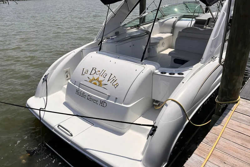 La Bella Vita Yacht Photos Pics 2003 Formula 400 Super Sport boat docked, named "La Bella Vita," Middle River, MD.