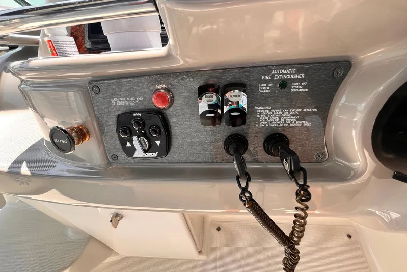 La Bella Vita Yacht Photos Pics Control panel of a 2003 Formula 400 Super Sport boat with safety features.