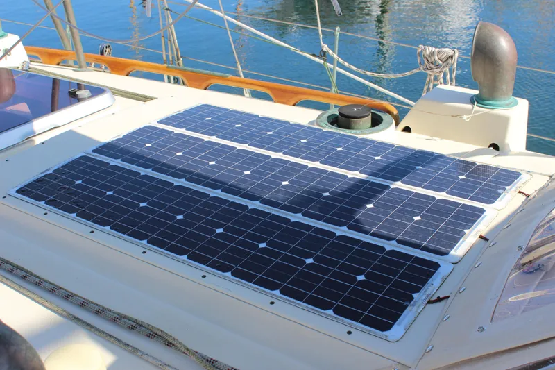 La Vie En Rose Yacht Photos Pics Solar panels on 2012 Custom Gartside Jespersen 40 yacht deck, harnessing renewable energy.