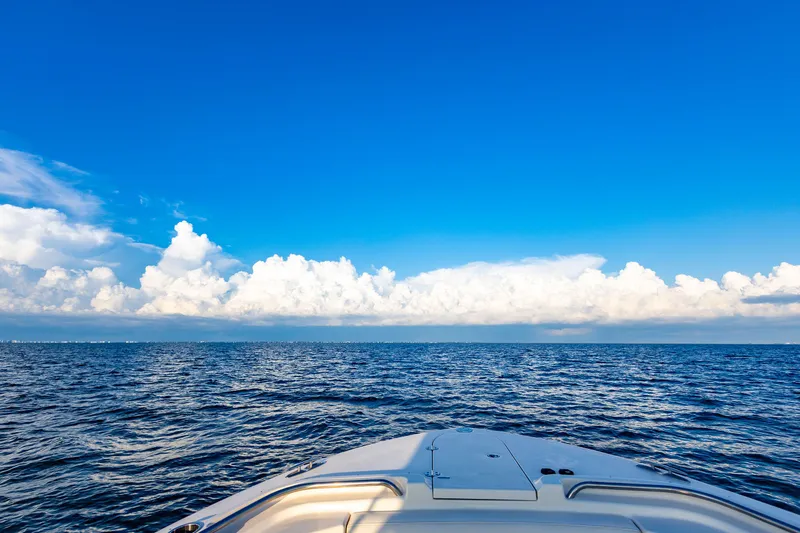  Yacht Photos Pics Bow of 2018 Grady-White Freedom 335 boat on open sea under clear blue sky.