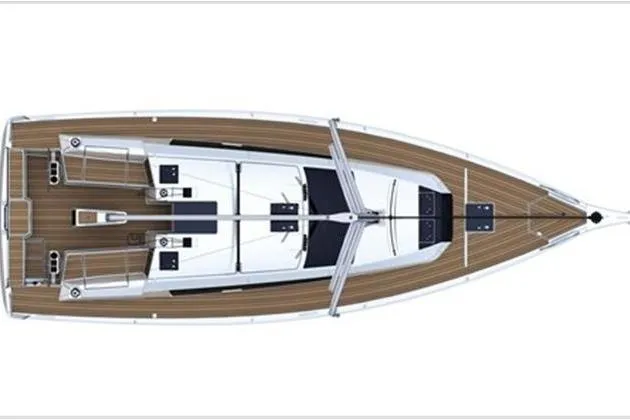  Yacht Photos Pics Top view of 2019 Dufour 390 Grand Large sailboat with wooden deck design.