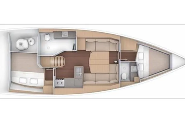  Yacht Photos Pics Floor plan of 2019 Dufour 390 Grand Large yacht, featuring spacious interior layout.