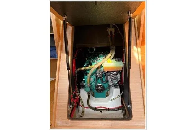  Yacht Photos Pics Engine compartment of 2019 Dufour 390 Grand Large sailboat, showcasing internal components.