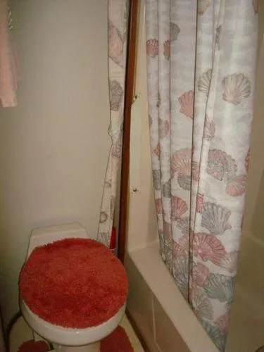 Yacht Photos Pics Bathroom with seashell shower curtain and red toilet cover on 1988 Chris-Craft Constellation.