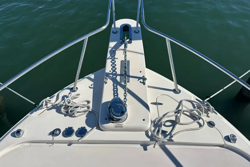  Yacht Photos Pics Bow of 2024 Grady-White Express 330 boat with anchor and ropes.