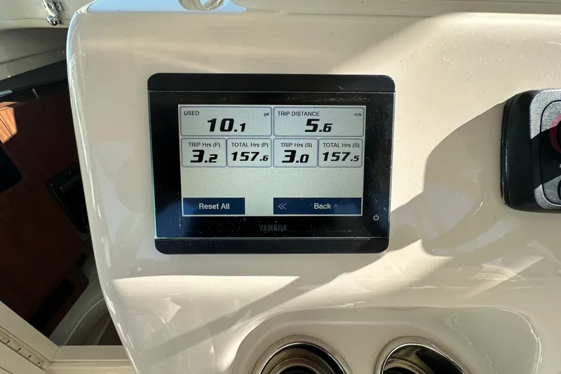  Yacht Photos Pics Yamaha display on 2024 Grady-White Express 330 showing trip data and fuel usage.