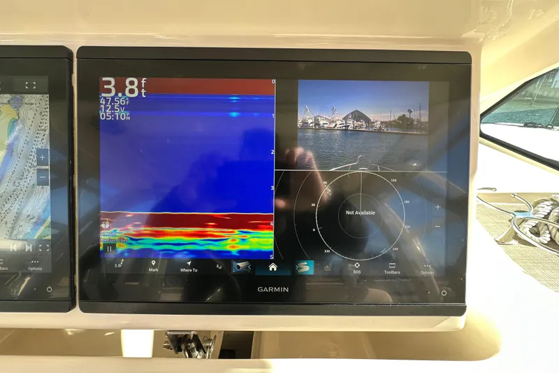  Yacht Photos Pics Garmin marine display on 2024 Grady-White Express 330, showing sonar and navigation data.