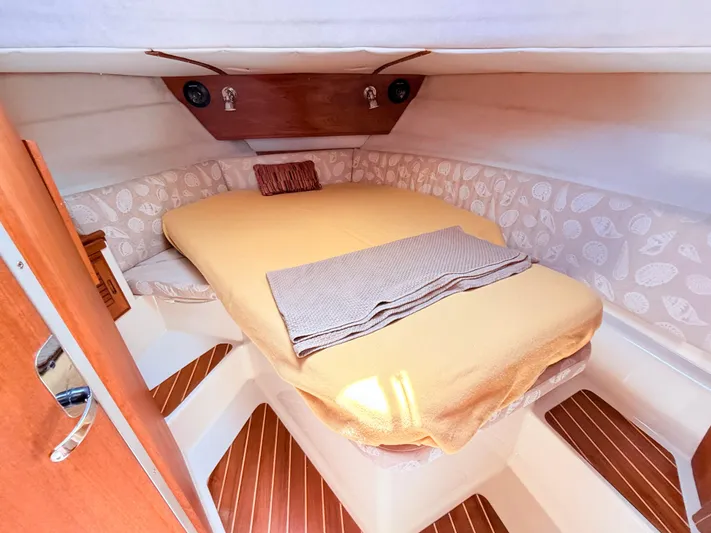 Sam Mcgee Yacht Photos Pics Cozy cabin interior of 2009 Ranger Tugs R-29 with a neatly made bed.