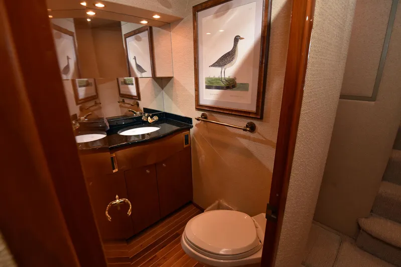 Bella Betty Yacht Photos Pics Luxurious bathroom in 2003 Viking 65 Enclosed Bridge yacht with elegant wood finishes.