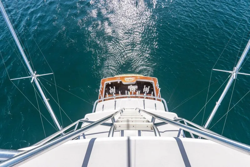 Bella Betty Yacht Photos Pics Aerial view of 2003 Viking 65 Enclosed Bridge yacht on clear blue water.