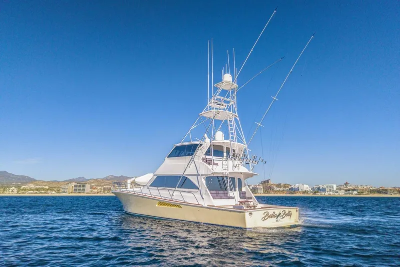 Bella Betty Yacht Photos Pics 2003 Viking 65 Enclosed Bridge yacht cruising on open water under clear blue sky.