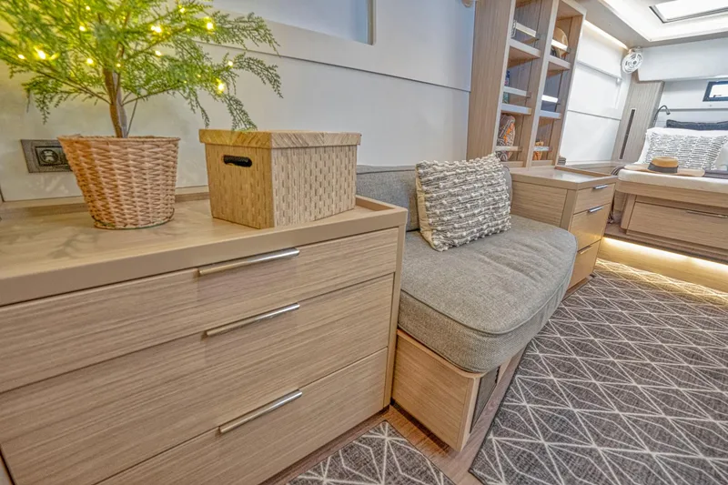 Sogno Yacht Photos Pics Luxurious interior of 2024 Lagoon 46 yacht with modern furnishings and cozy seating.