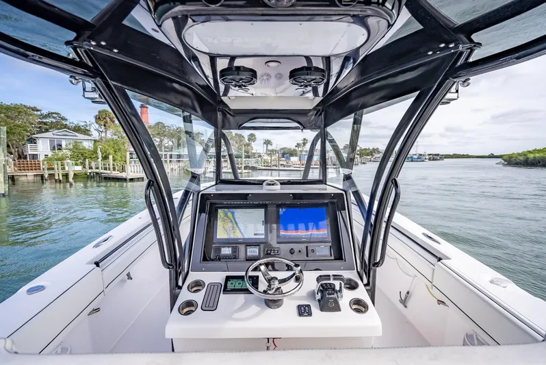  Yacht Photos Pics Cockpit view of 2020 SeaHunter 35 Tournament boat with advanced navigation system.