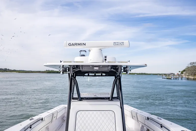  Yacht Photos Pics 2020 SeaHunter 35 Tournament boat with Garmin radar on calm waters.