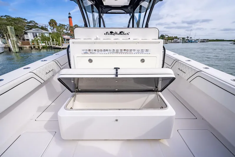  Yacht Photos Pics 2020 SeaHunter 35 Tournament boat with open storage compartment on deck.