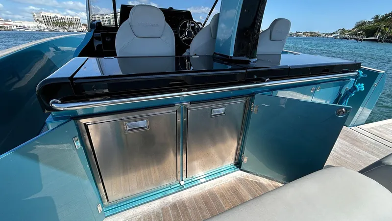  Yacht Photos Pics 2022 Solaris Power 44 yacht interior with sleek cabinetry and modern seating.