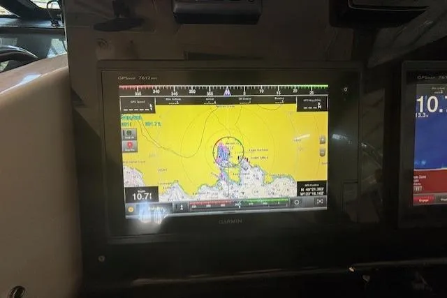 The Riddler Yacht Photos Pics Garmin GPS display on 2009 Tiara Yachts 3600 Open, showing nautical navigation map.
