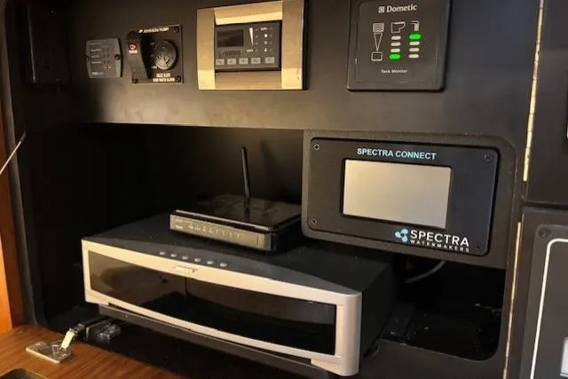 The Riddler Yacht Photos Pics Control panel of 2009 Tiara Yachts 3600 Open with electronic devices and displays.