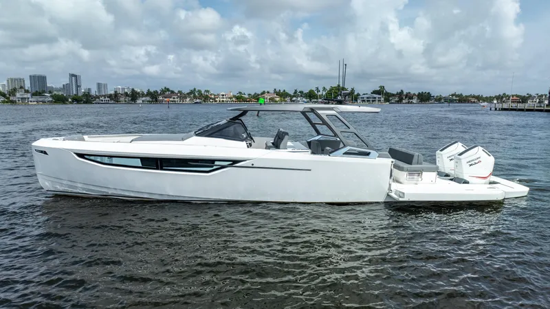  Yacht Photos Pics Limitless Seas XLV 45 yacht on water, 2025 model, sleek design, city skyline background.