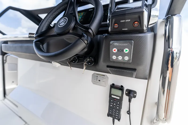 Yacht Photos Pics Steering console of 2025 Limitless Seas XLV 45 boat with modern controls.