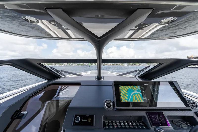  Yacht Photos Pics Modern Limitless Seas XLV 45 yacht cockpit with advanced navigation system, 2025 model.
