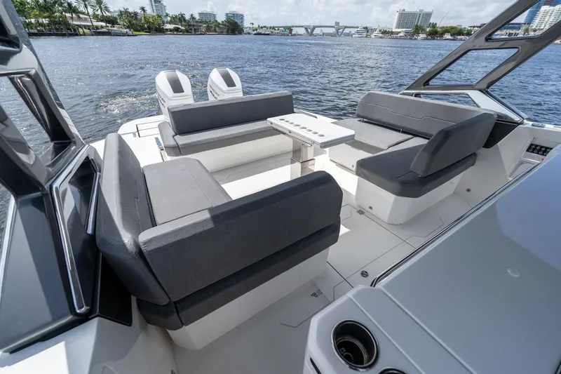  Yacht Photos Pics Luxurious Limitless Seas XLV 45 yacht interior, featuring sleek seating and modern design, 2025 model.