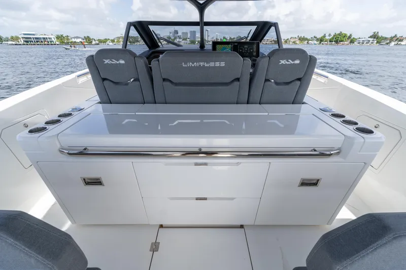  Yacht Photos Pics 2025 Limitless Seas XLV 45 boat interior with sleek seating and modern design.