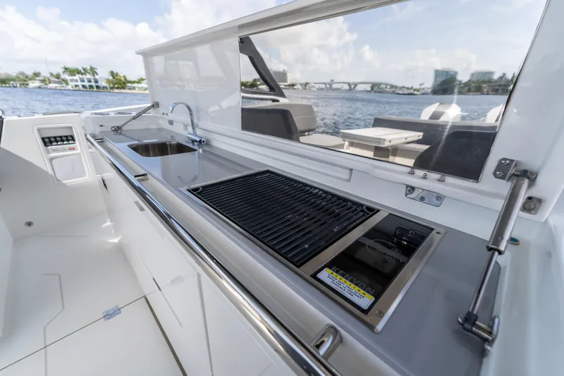  Yacht Photos Pics Luxury yacht kitchen with grill and sink, Limitless Seas XLV 45, 2025 model.