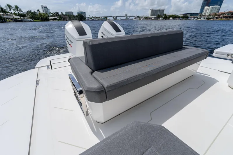  Yacht Photos Pics Luxury Limitless Seas XLV 45 boat, 2025 model, with sleek seating and dual engines on a sunny day.