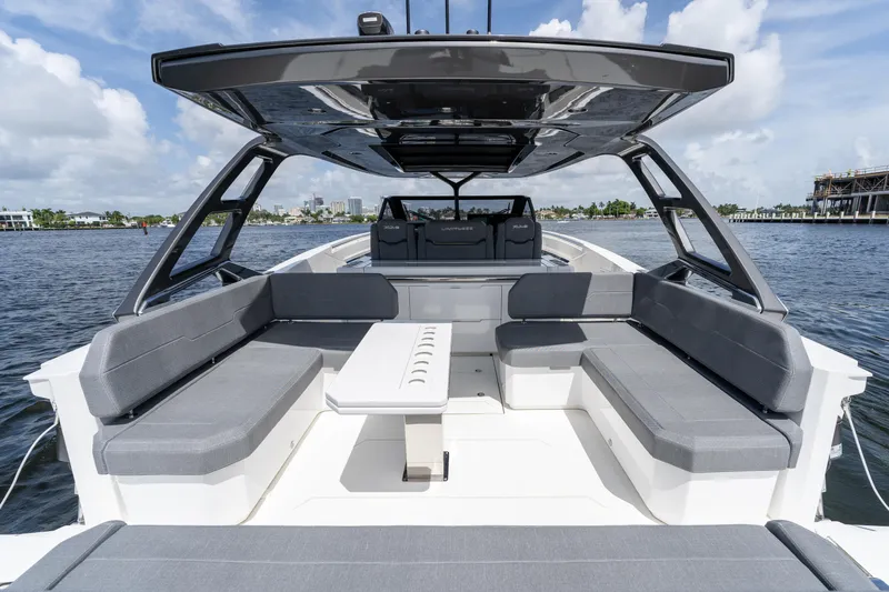  Yacht Photos Pics Luxury Limitless Seas XLV 45 boat interior, 2025 model, featuring spacious seating and sleek design.