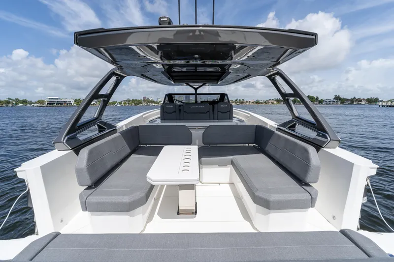  Yacht Photos Pics Luxurious Limitless Seas XLV 45 yacht interior, 2025 model, featuring spacious seating and sleek design.