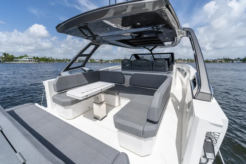  Yacht Photos Pics Luxurious Limitless Seas XLV 45 yacht, 2025 model, featuring spacious seating and sleek design.